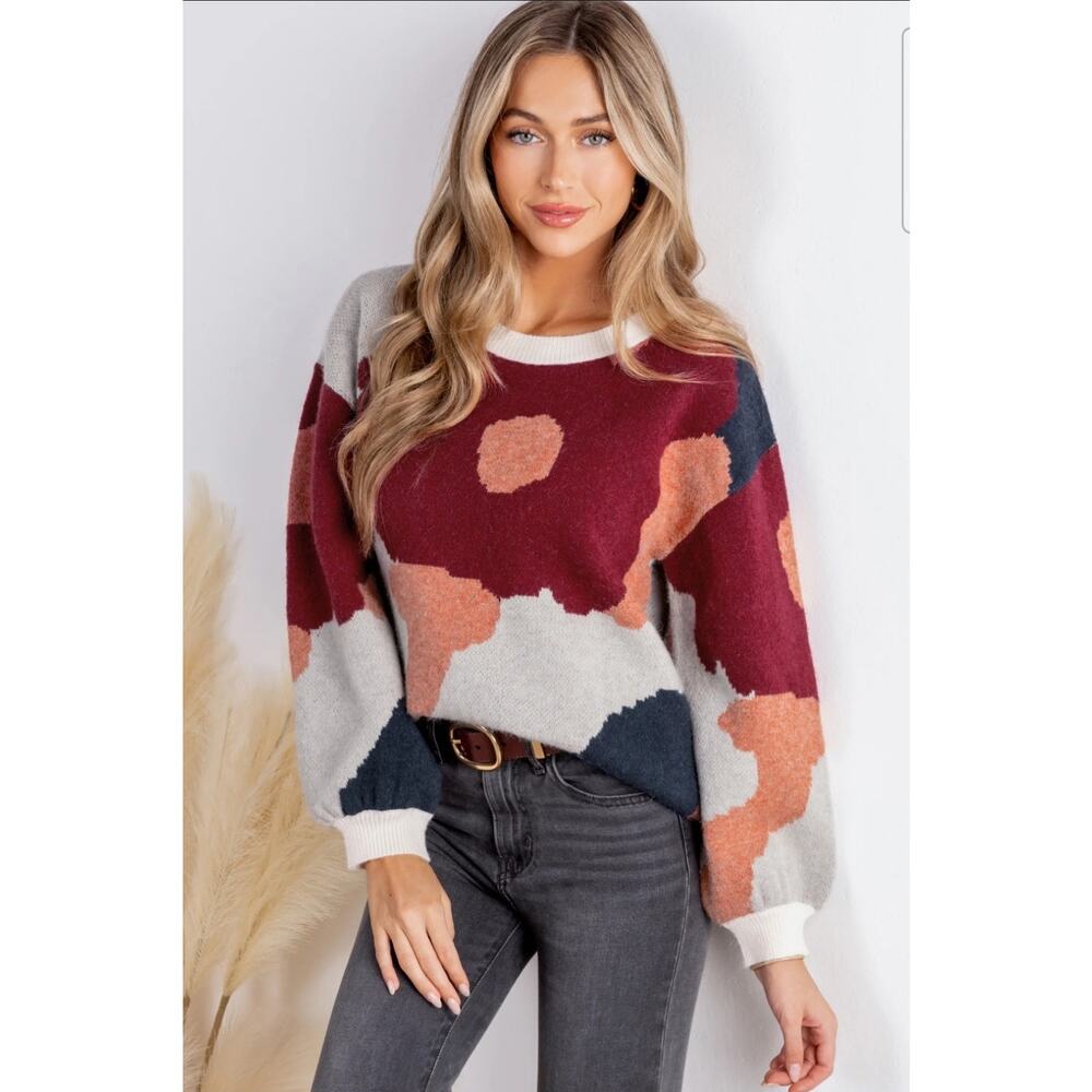 CUPSHE Abstract Round Neck Long Sleeve Knit Sweater- Sz S - NEW